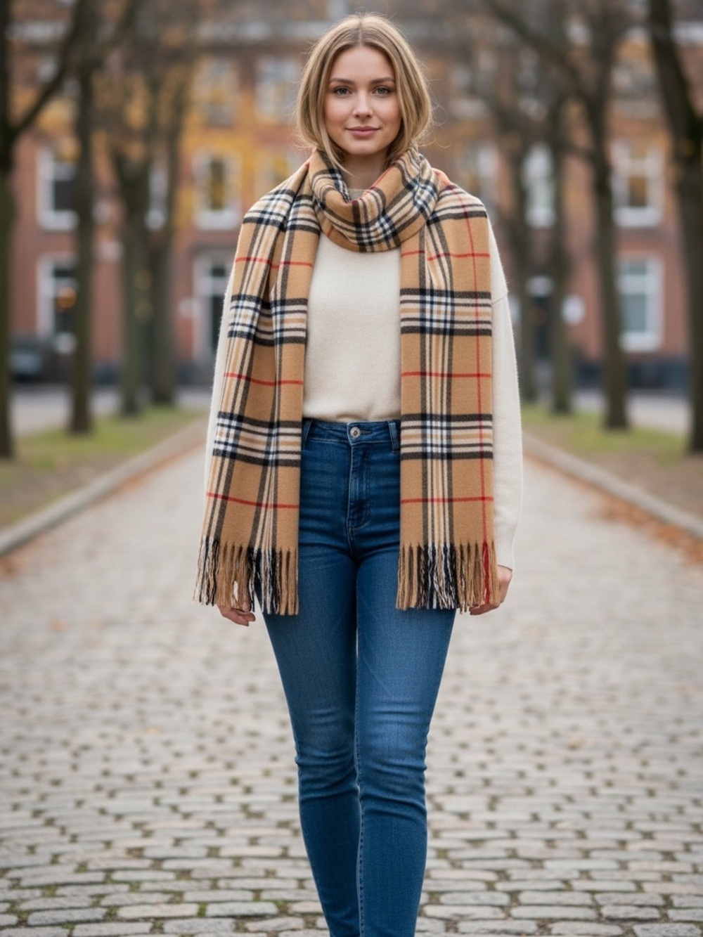 Soft Brushed Knit Tan and Black Plaid Fringe Scarf